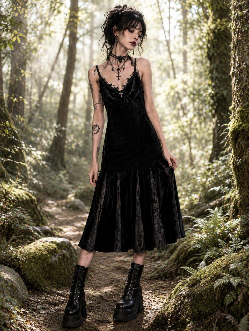 Black Velvet Slip Dress | Goth Romantic Lace Trim Maxi